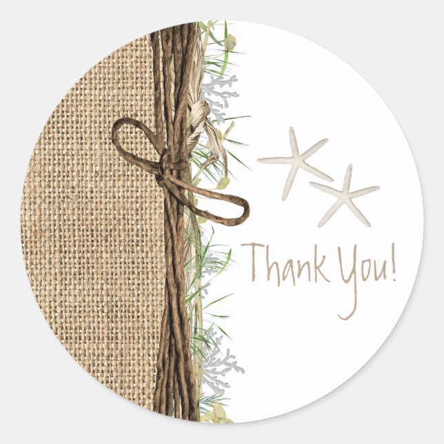 Rustic Coastal Beach Starfish Burlap & Greenery Classic Round Sticker (Front)