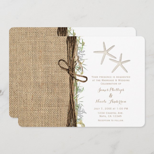 Rustic Coastal Beach Starfish Burlap & Greenery Invitation (Front/Back)
