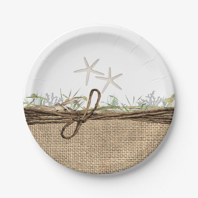 Rustic Coastal Beach Starfish Burlap & Greenery Paper Plate (Front)