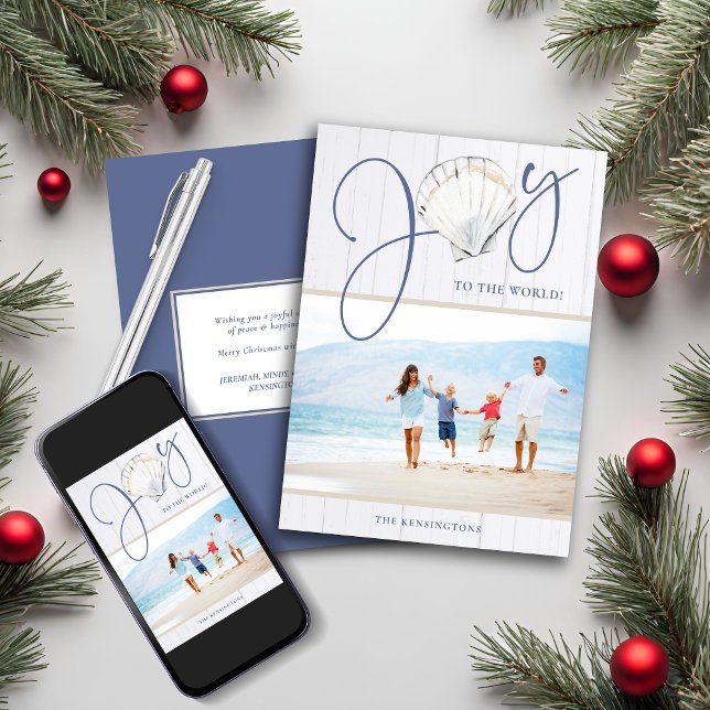 Rustic Coastal Christmas Joy Shell Holiday Photo (Rustic Coastal Christmas Joy Shell Holiday Photo Card)
