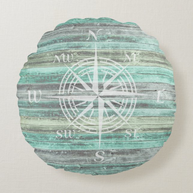 Rustic Coastal Decor Compass Rose Round Cushion (Front)