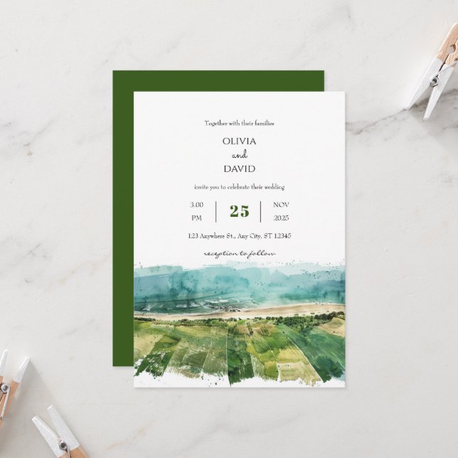 Rustic Coastal Green Farmlands View Beach Wedding  Invitation (Front/Back In Situ)