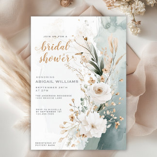Rustic Coastal Green Gold Floral Bridal Shower Invitation