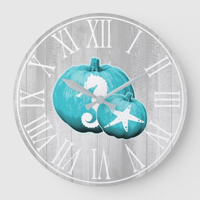 Rustic Coastal Grey Wood & Blue Pumpkins Sealife Large Clock (Front)