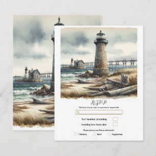 Rustic Coastal Lighthouse Seaside Beach RSVP Invitation