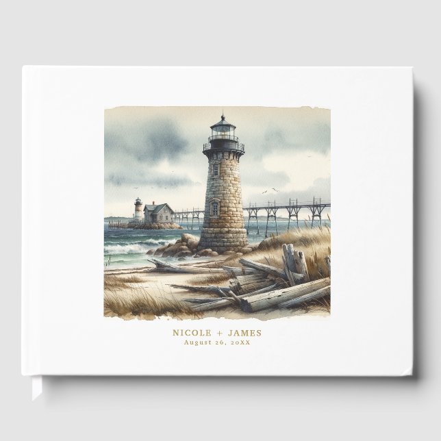 Rustic Coastal Lighthouse Seaside Beach Wedding Guest Book (Front)