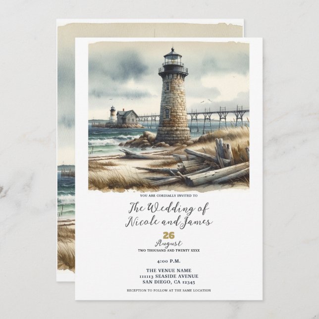Rustic Coastal Lighthouse Seaside Beach Wedding Invitation (Front/Back)