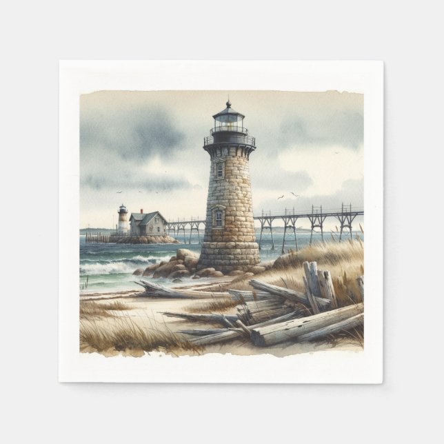 Rustic Coastal Lighthouse Seaside Beach Wedding Napkin (Front)