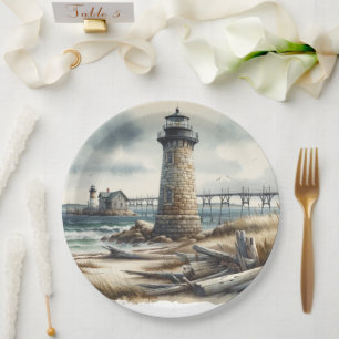 Rustic Coastal Lighthouse Seaside Beach Wedding Paper Plate