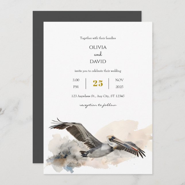 Rustic Coastal Pelican Watercolor Beach Wedding  Invitation (Front/Back)