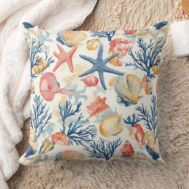 Rustic Coastal - Seashells, Starfish, Reef (10) Cushion (Blanket)