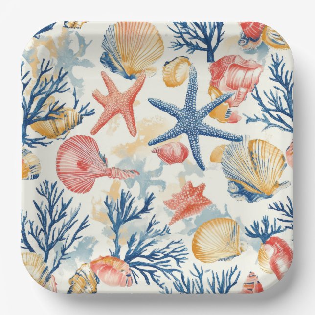 Rustic Coastal - Seashells, Starfish, Reef (10) Paper Plate (Front)