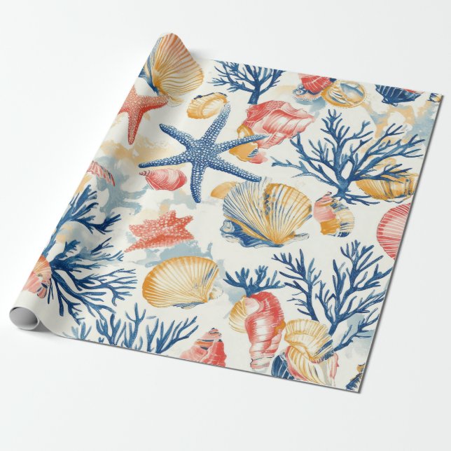 Rustic Coastal - Seashells, Starfish, Reef (10) Wrapping Paper (Unrolled)