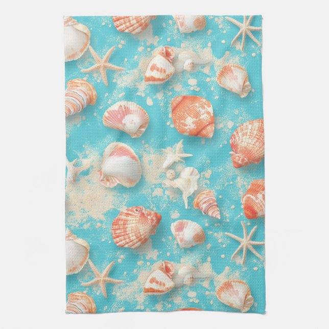 Rustic Coastal - Seashells, Starfish, Reef (11) Tea Towel (Vertical)
