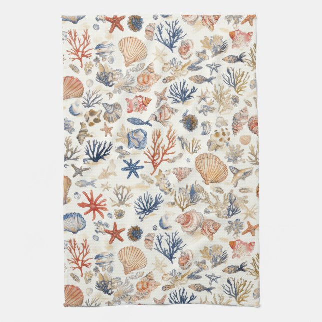 Rustic Coastal - Seashells, Starfish, Reef (12) Tea Towel (Vertical)