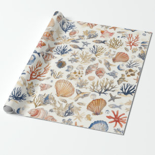 Rustic Coastal - Seashells, Starfish, Reef (12) Wrapping Paper