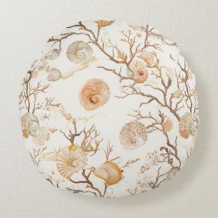 Rustic Coastal - Seashells, Starfish, Reef (14) Round Cushion