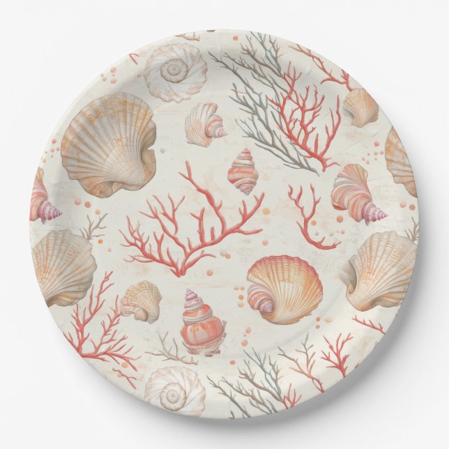 Rustic Coastal - Seashells, Starfish, Reef (16) Paper Plate (Front)