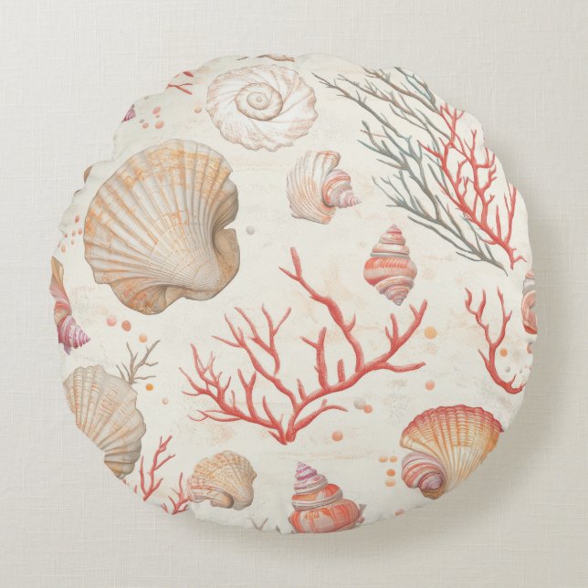 Rustic Coastal - Seashells, Starfish, Reef (16) Round Cushion (Front)