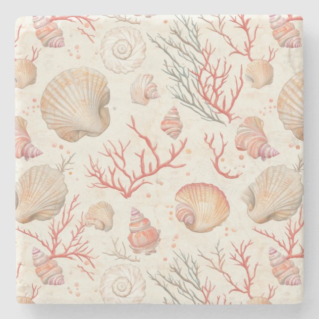 Rustic Coastal - Seashells, Starfish, Reef (16) Stone Coaster (Front)
