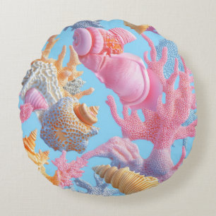 Rustic Coastal - Seashells, Starfish, Reef (18) Round Cushion