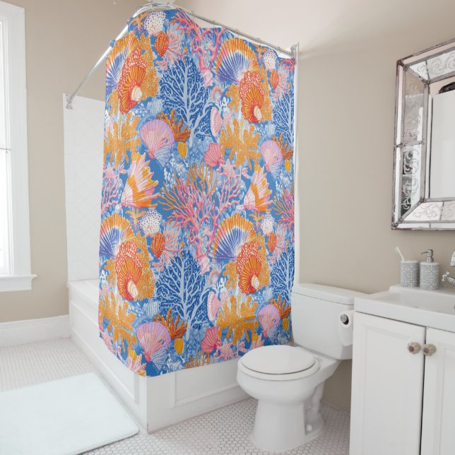 Rustic Coastal - Seashells, Starfish, Reef (19) Shower Curtain (In Situ)