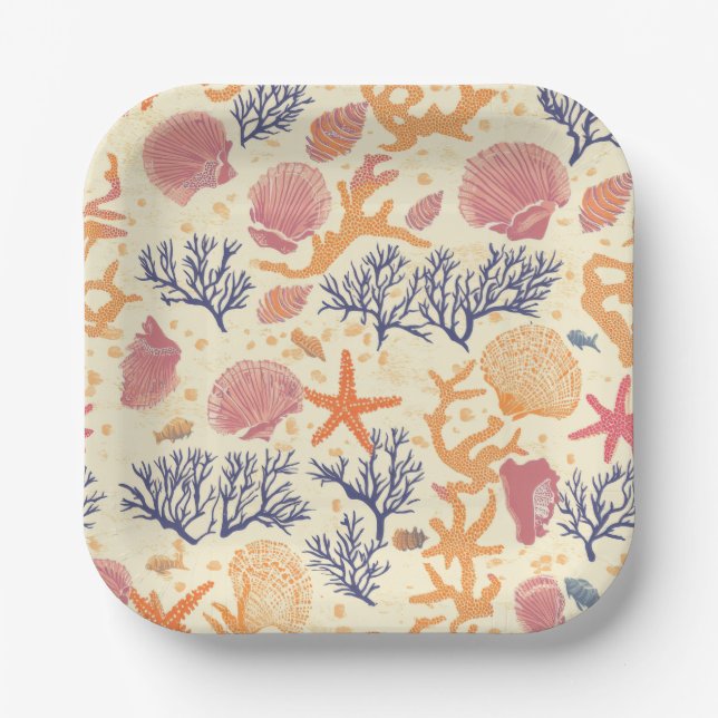 Rustic Coastal - Seashells, Starfish, Reef (1) Paper Plate (Front)