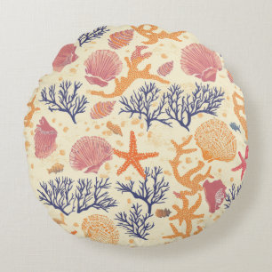 Rustic Coastal - Seashells, Starfish, Reef (1) Round Cushion