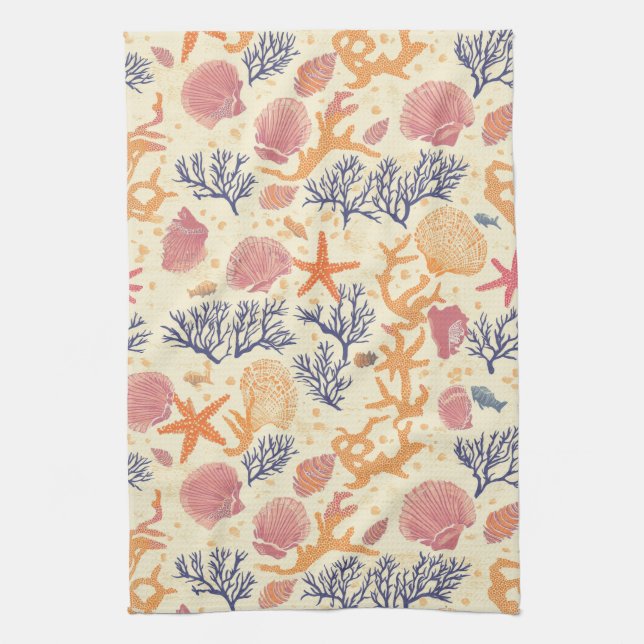 Rustic Coastal - Seashells, Starfish, Reef (1) Tea Towel (Vertical)