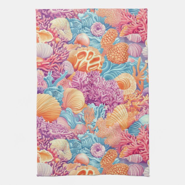 Rustic Coastal - Seashells, Starfish, Reef (20) Tea Towel (Vertical)