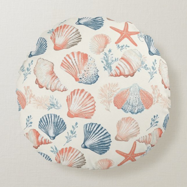 Rustic Coastal - Seashells, Starfish, Reef (23) Round Cushion (Front)