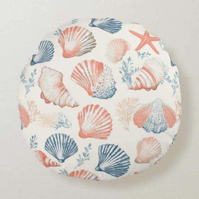 Rustic Coastal - Seashells, Starfish, Reef (23) Round Cushion (Front)