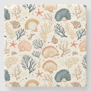 Rustic Coastal - Seashells, Starfish, Reef (24) Stone Coaster