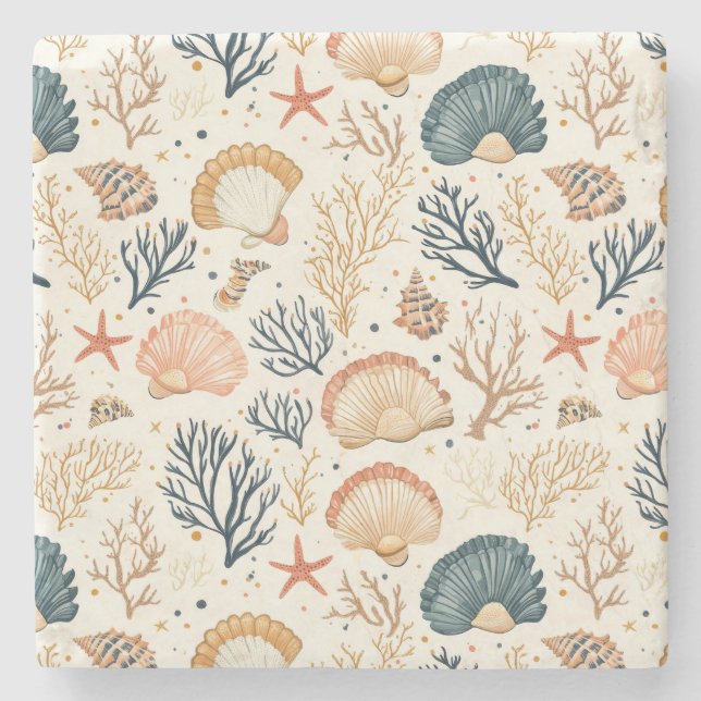 Rustic Coastal - Seashells, Starfish, Reef (24) Stone Coaster (Front)