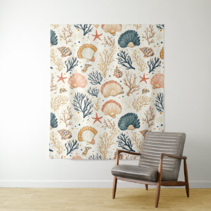 Rustic Coastal - Seashells, Starfish, Reef (24) Tapestry