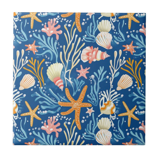 Rustic Coastal - Seashells, Starfish, Reef (26) Ceramic Tile (Front)