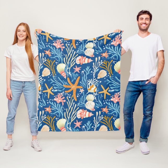 Rustic Coastal - Seashells, Starfish, Reef (26) Fleece Blanket (In Situ)
