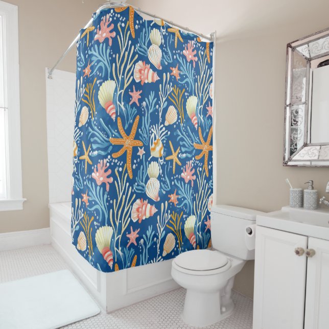 Rustic Coastal - Seashells, Starfish, Reef (26) Shower Curtain (In Situ)