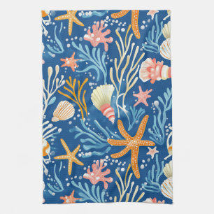 Rustic Coastal - Seashells, Starfish, Reef (26) Tea Towel