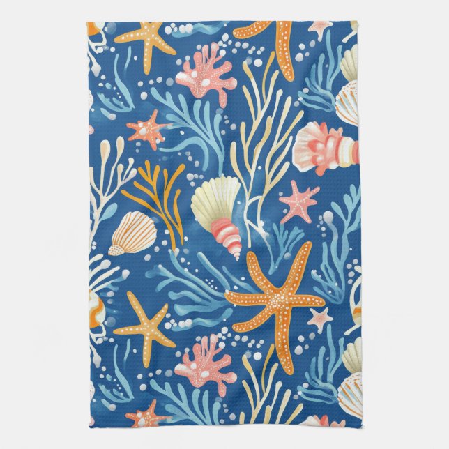 Rustic Coastal - Seashells, Starfish, Reef (26) Tea Towel (Vertical)