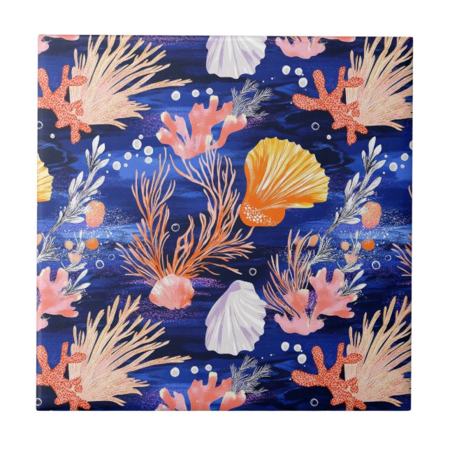 Rustic Coastal - Seashells, Starfish, Reef (27) Ceramic Tile (Front)