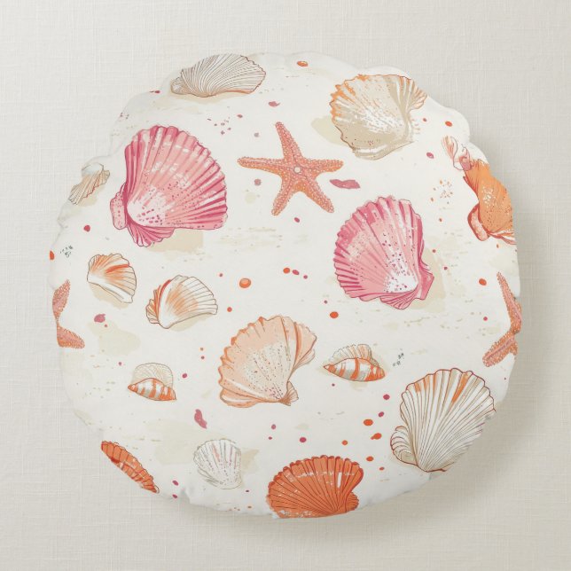 Rustic Coastal - Seashells, Starfish, Reef (28) Round Cushion (Front)