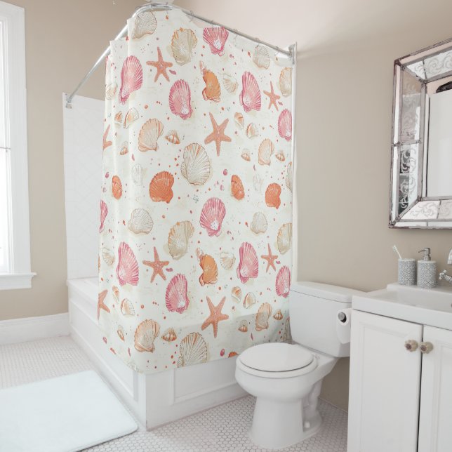 Rustic Coastal - Seashells, Starfish, Reef (28) Shower Curtain (In Situ)