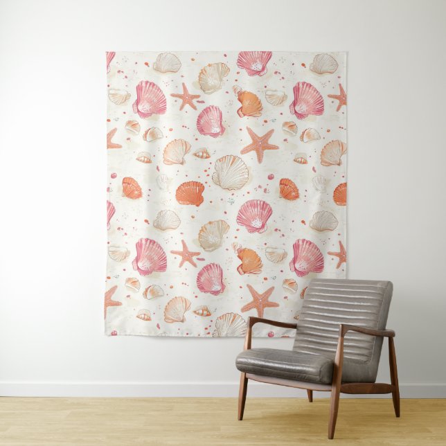 Rustic Coastal - Seashells, Starfish, Reef (28) Tapestry (In Situ)