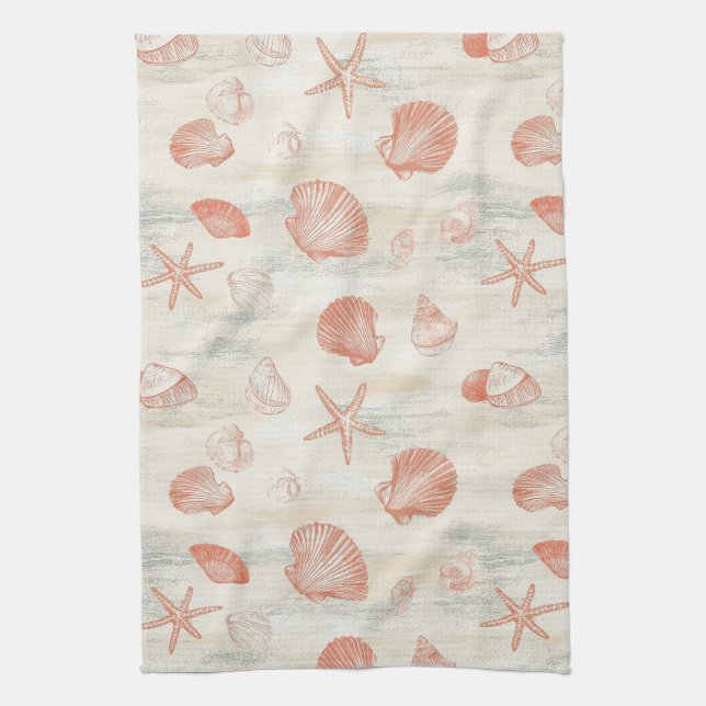 Rustic Coastal - Seashells, Starfish, Reef (29) Tea Towel (Vertical)
