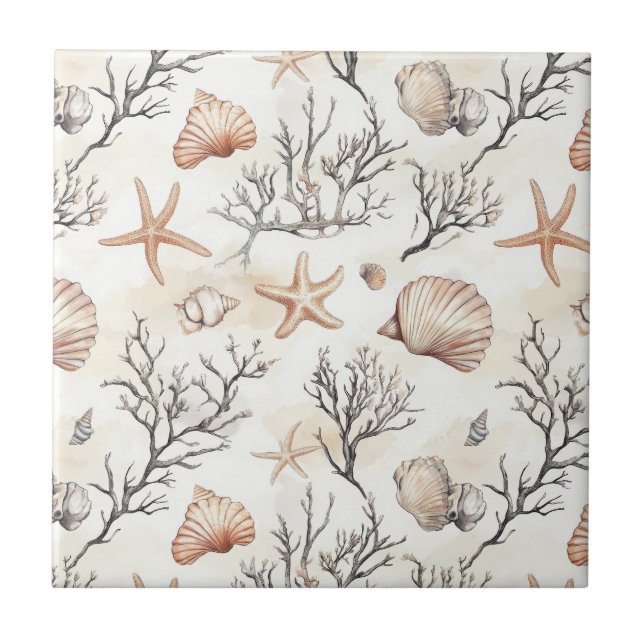 Rustic Coastal - Seashells, Starfish, Reef (31) Ceramic Tile (Front)