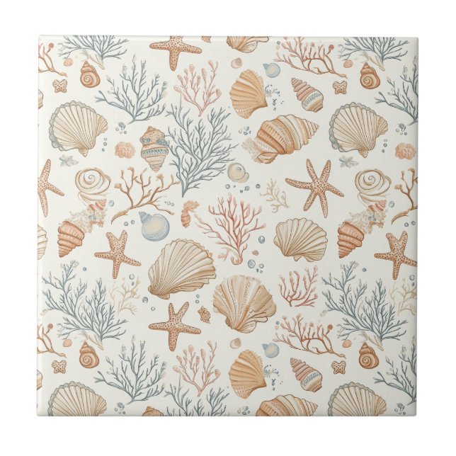 Rustic Coastal - Seashells, Starfish, Reef (32) Ceramic Tile (Front)