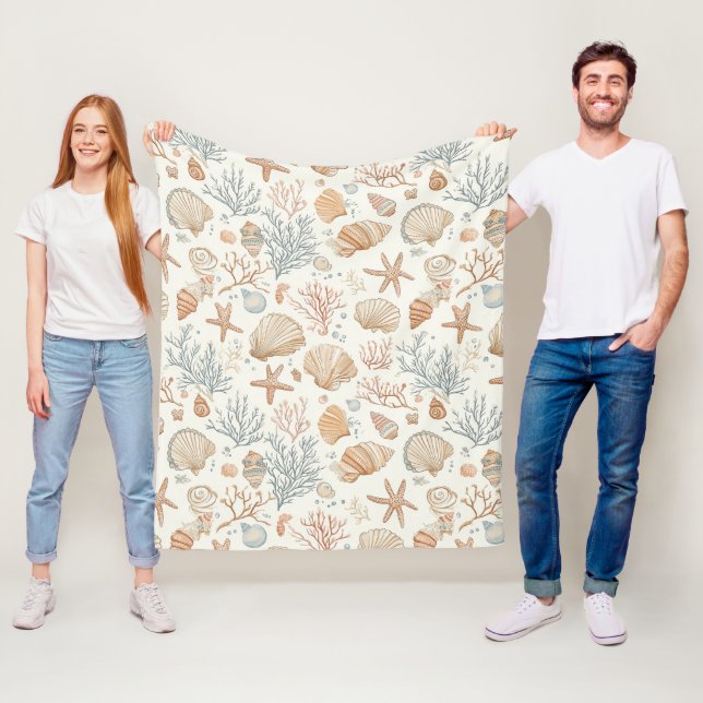 Rustic Coastal - Seashells, Starfish, Reef (32) Fleece Blanket (In Situ)
