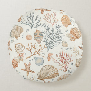 Rustic Coastal - Seashells, Starfish, Reef (32) Round Cushion