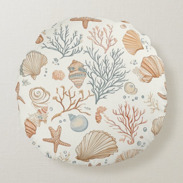 Rustic Coastal - Seashells, Starfish, Reef (32) Round Cushion (Front)